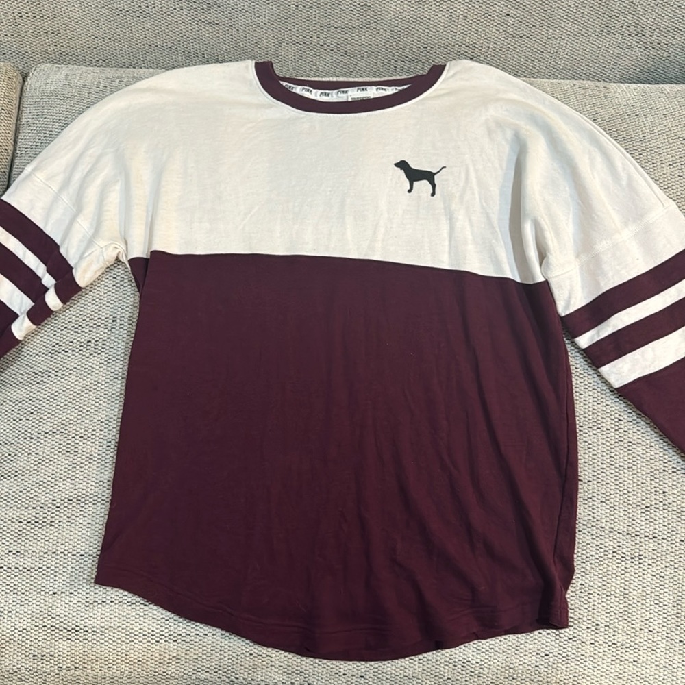 PINK Victoria's Secret Maroon and White Colorblock Crew Neck Sweater